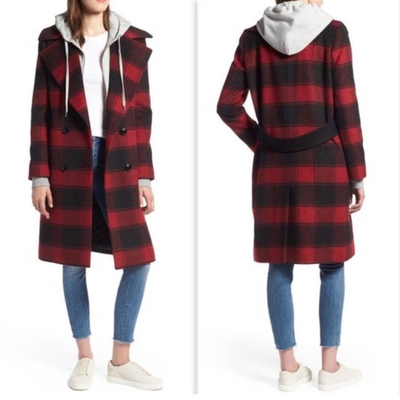 Kendall+Kylie Double Breasted Layered red Plaid Coat XS hooded - Picture 1 of 9